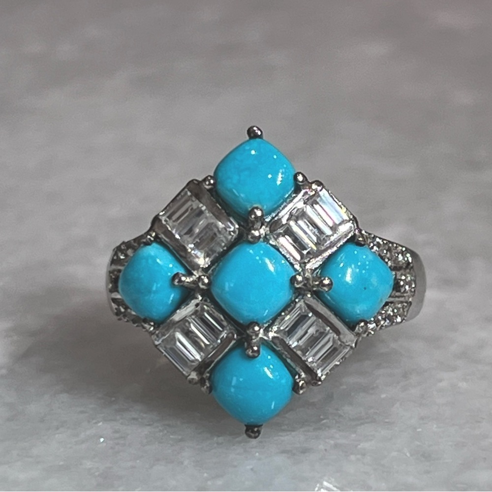 Arizona Sleeping Beauty Turquoise and Zircon Checkered Sterling Silver R… - Picture 6 of 14